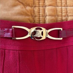 Vintage Celine Paris Red Pleated Wool Skirt w/ Triomphe Belt - FR 40